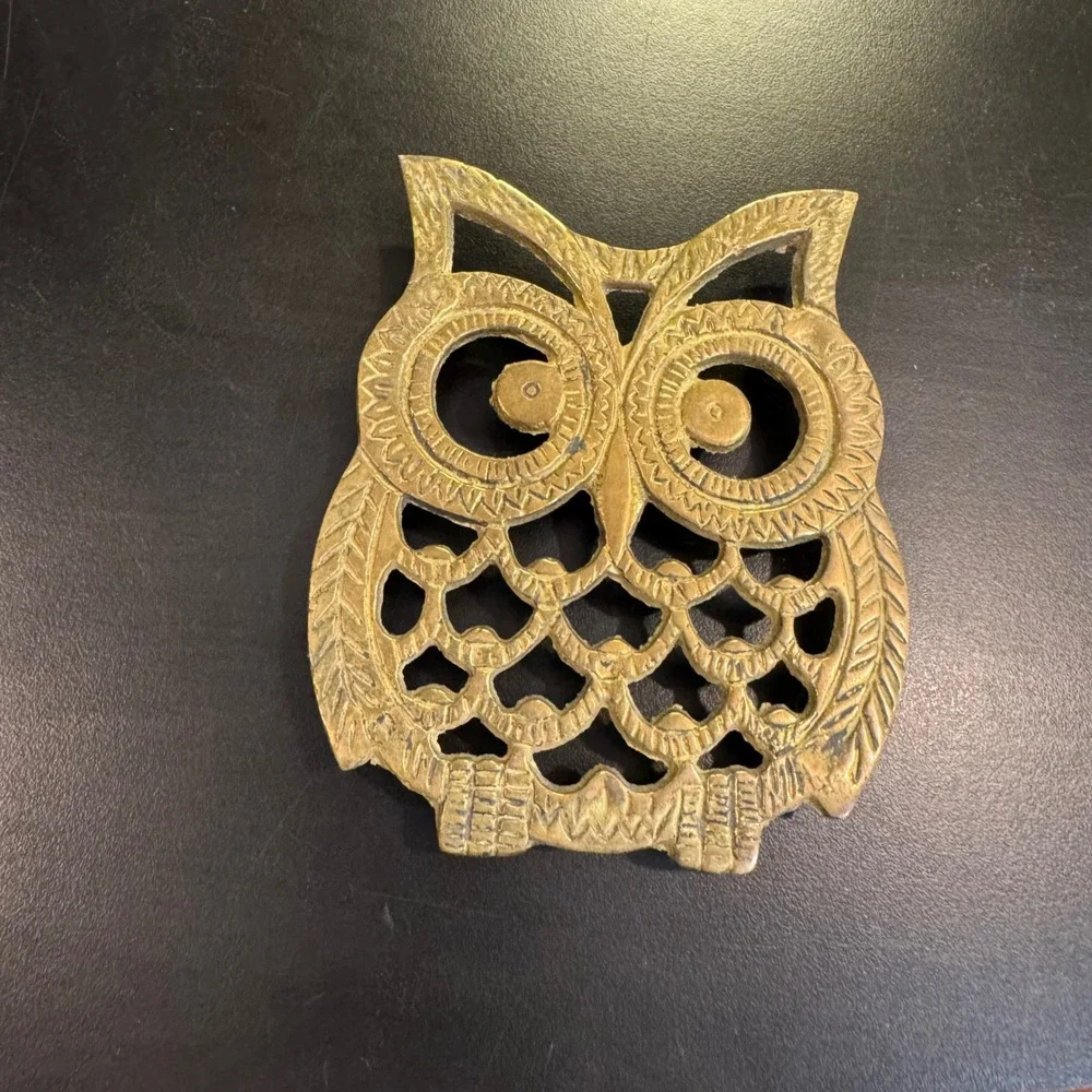 Vintage Owl Trivet Kitchen Home Decor Gold Brass Mid Century Taiwan 5.5in